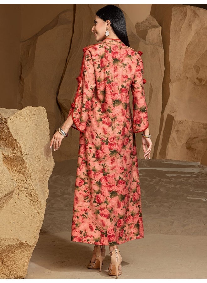 Embroidery V-Neck Long Sleeve Rose Manor Printed Abaya Dress