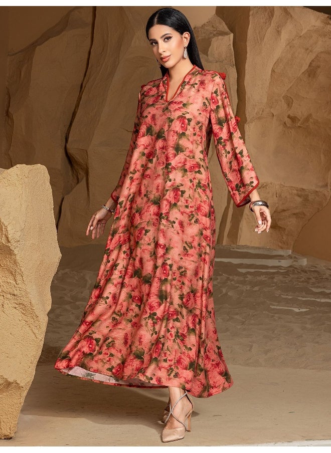 Embroidery V-Neck Long Sleeve Rose Manor Printed Abaya Dress