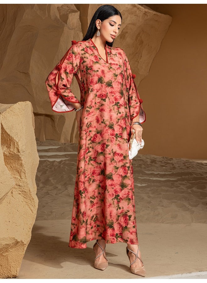 Embroidery V-Neck Long Sleeve Rose Manor Printed Abaya Dress