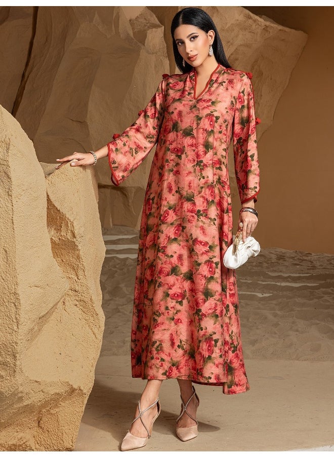 Embroidery V-Neck Long Sleeve Rose Manor Printed Abaya Dress