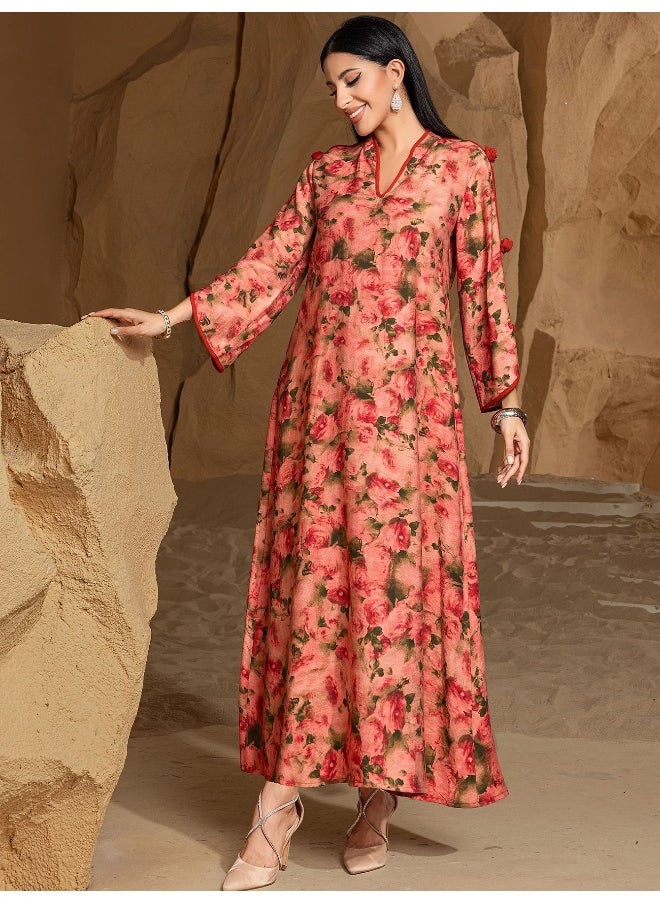 Embroidery V-Neck Long Sleeve Rose Manor Printed Abaya Dress