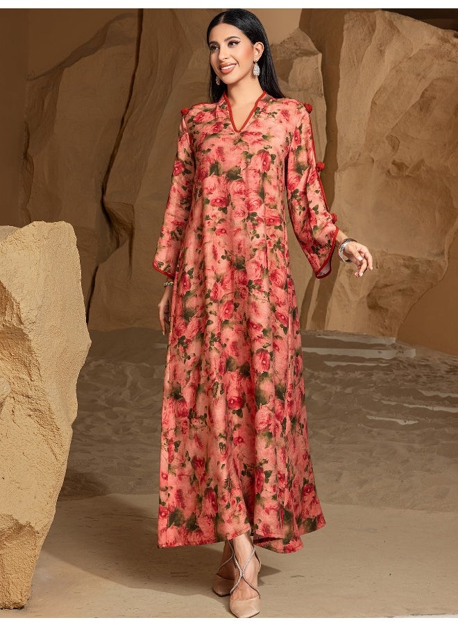 Embroidery V-Neck Long Sleeve Rose Manor Printed Abaya Dress