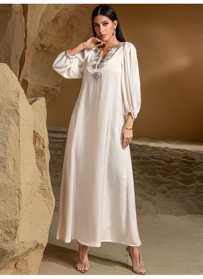 Elegant Muslim Long Sleeve Dress with Handmade Beaded Embellishments Abaya