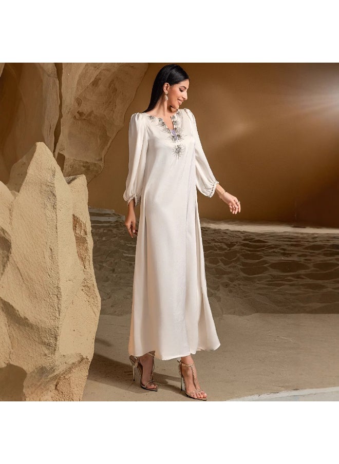 Elegant Muslim Long Sleeve Dress with Handmade Beaded Embellishments Abaya