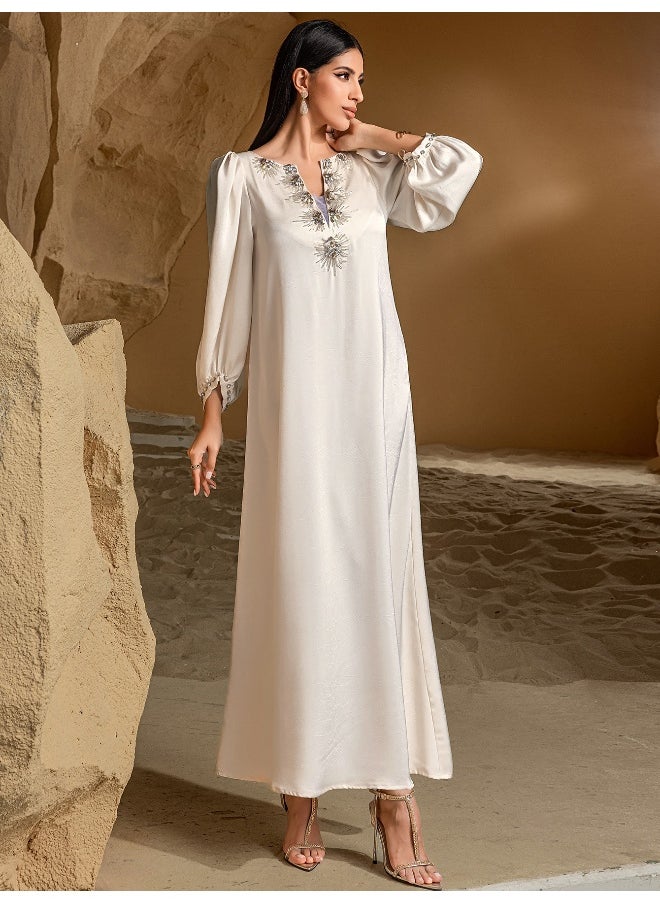 Elegant Muslim Long Sleeve Dress with Handmade Beaded Embellishments Abaya