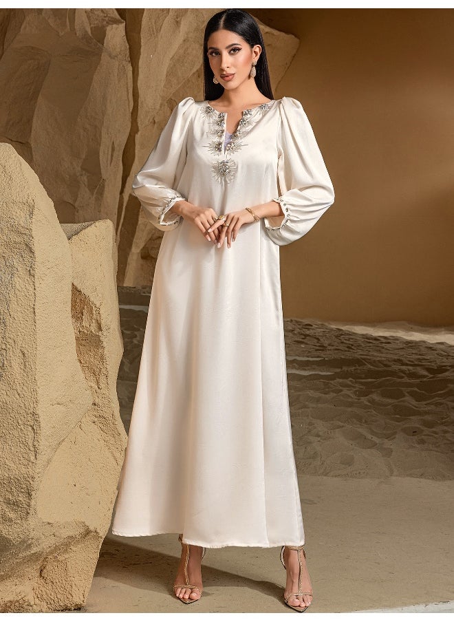 Elegant Muslim Long Sleeve Dress with Handmade Beaded Embellishments Abaya