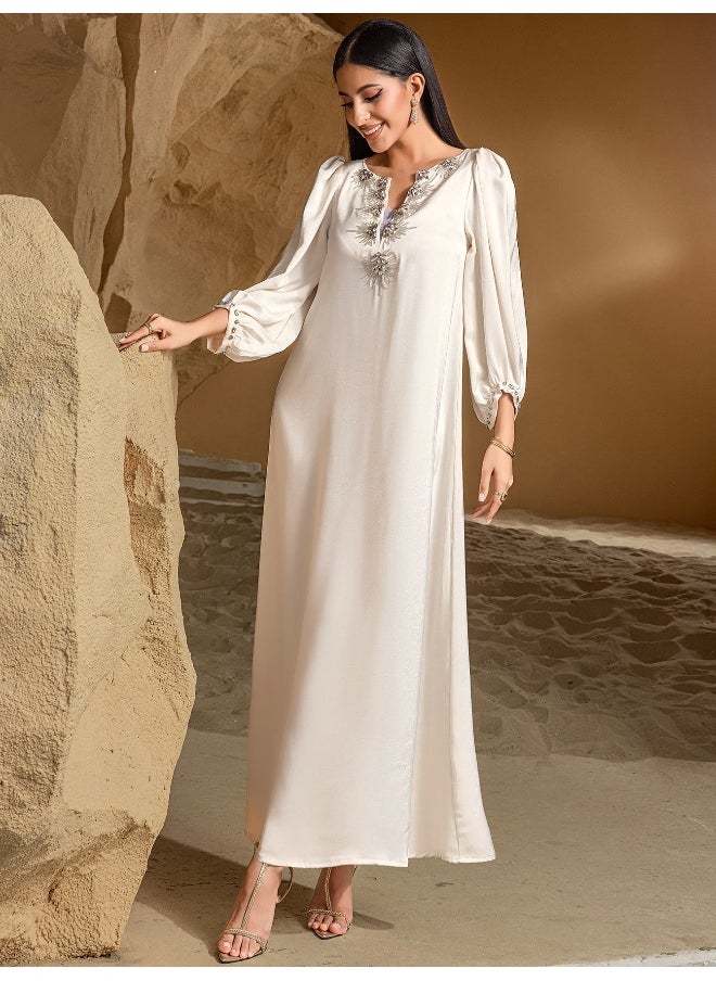 Elegant Muslim Long Sleeve Dress with Handmade Beaded Embellishments Abaya