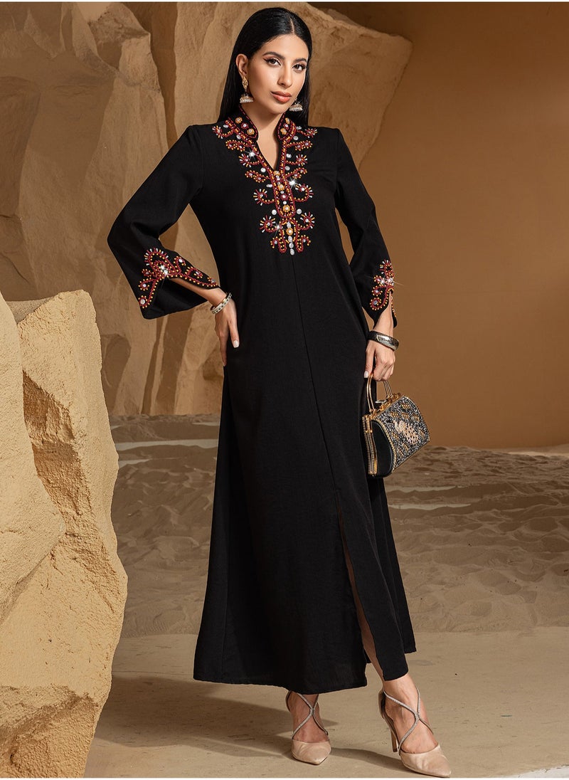 Elegant V-Neck Embroidered Dress with High-End Beading and Fashionable Design