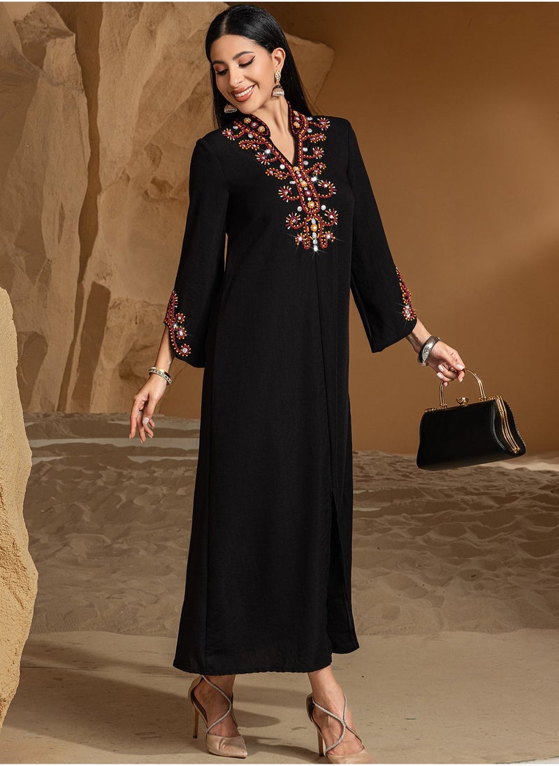 Elegant V-Neck Embroidered Dress with High-End Beading and Fashionable Design