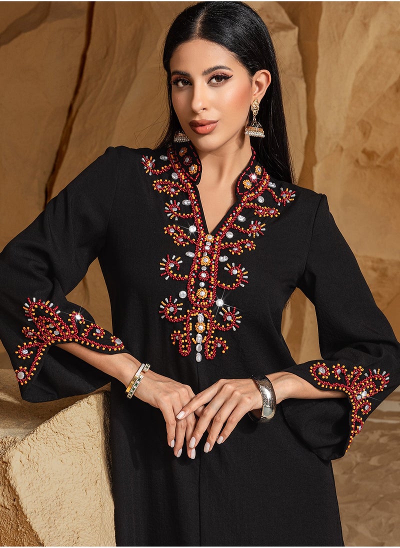 Elegant V-Neck Embroidered Dress with High-End Beading and Fashionable Design