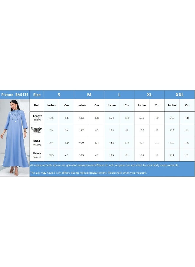 Blue Semi-High Neck Handcrafted Glass Rhinestone Plus Size A-Line Abaya Dress