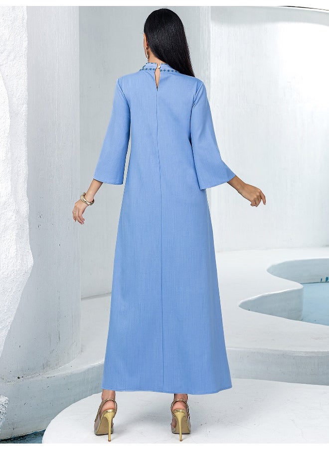 Blue Semi-High Neck Handcrafted Glass Rhinestone Plus Size A-Line Abaya Dress