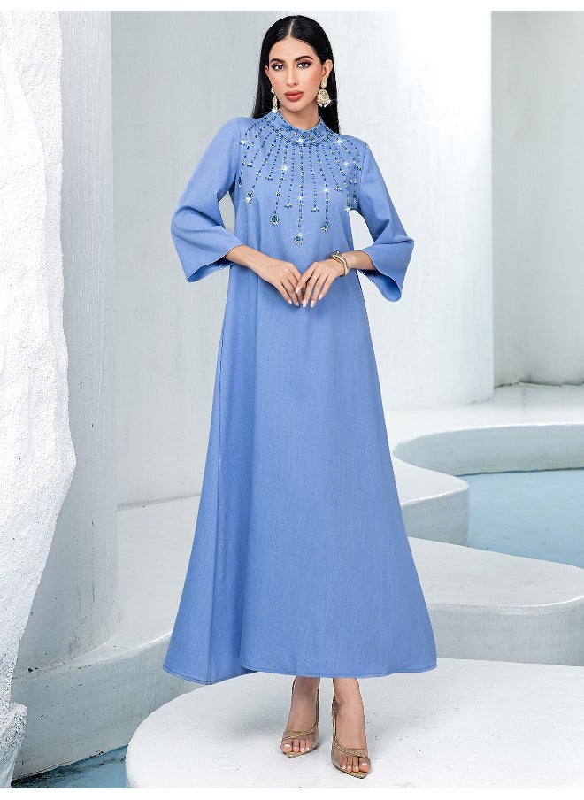 Blue Semi-High Neck Handcrafted Glass Rhinestone Plus Size A-Line Abaya Dress