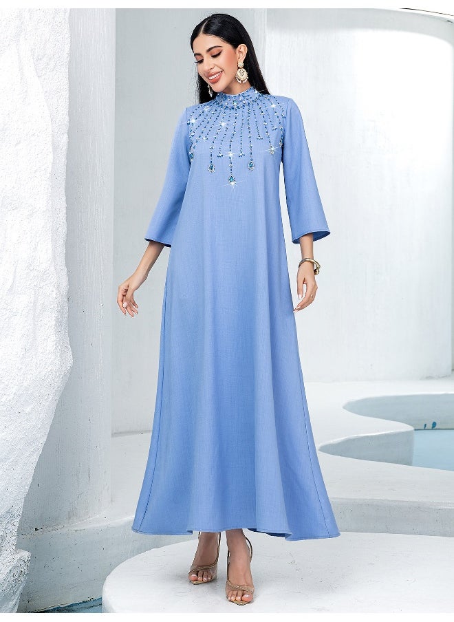Blue Semi-High Neck Handcrafted Glass Rhinestone Plus Size A-Line Abaya Dress
