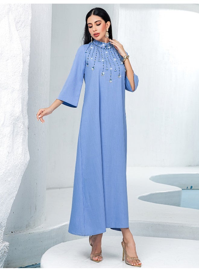 Blue Semi-High Neck Handcrafted Glass Rhinestone Plus Size A-Line Abaya Dress