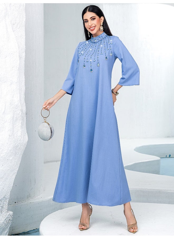 Blue Semi-High Neck Handcrafted Glass Rhinestone Plus Size A-Line Abaya Dress