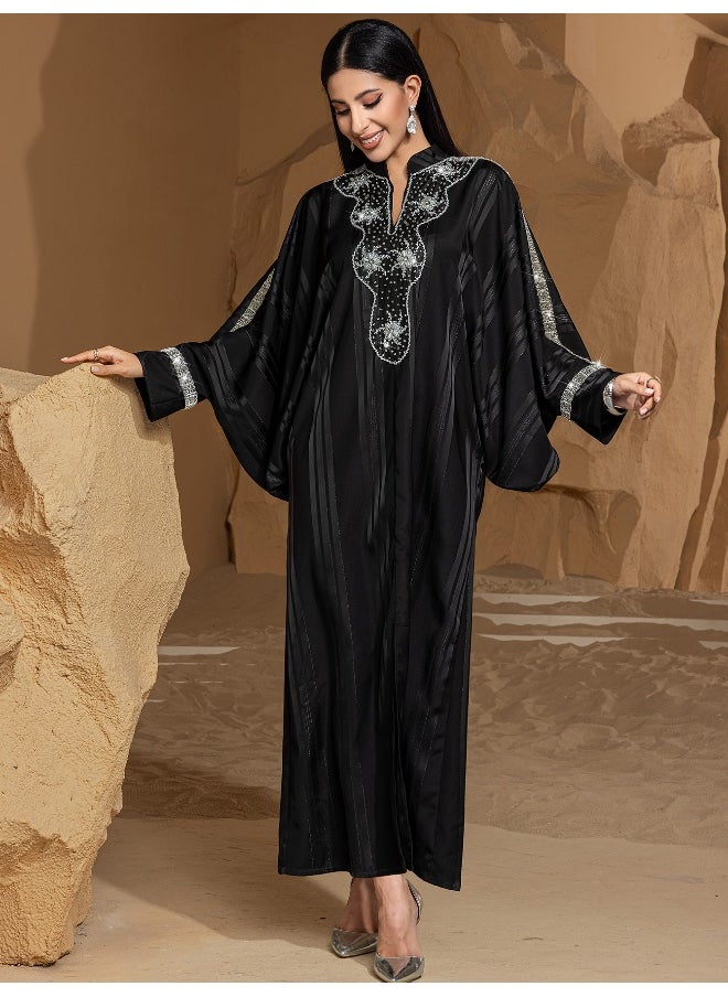 Fashion High-End Jacquard Bead Sleeve Abaya Dress