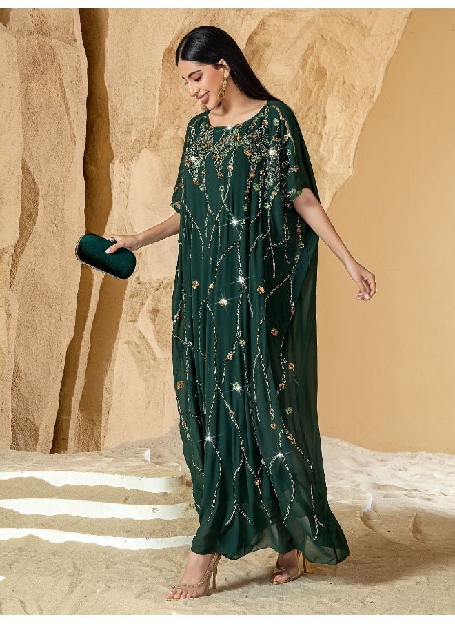 New Handcrafted Beaded Floral Cape with Three-Dimensional Embroidery for Parties - Long Dress Robe Abaya