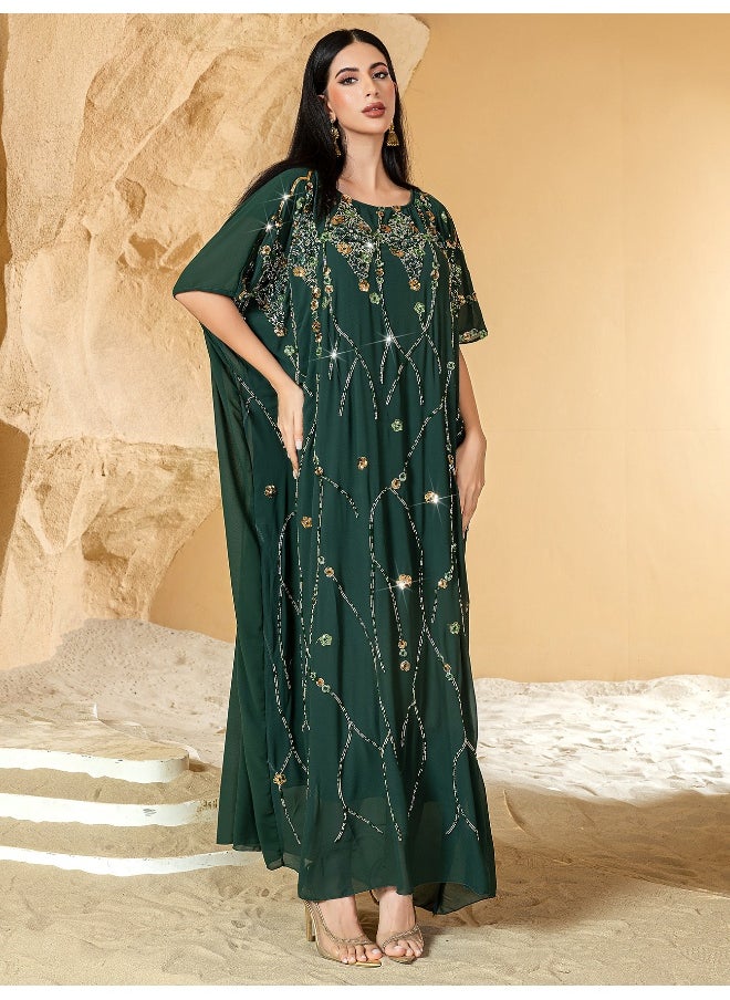 New Handcrafted Beaded Floral Cape with Three-Dimensional Embroidery for Parties - Long Dress Robe Abaya