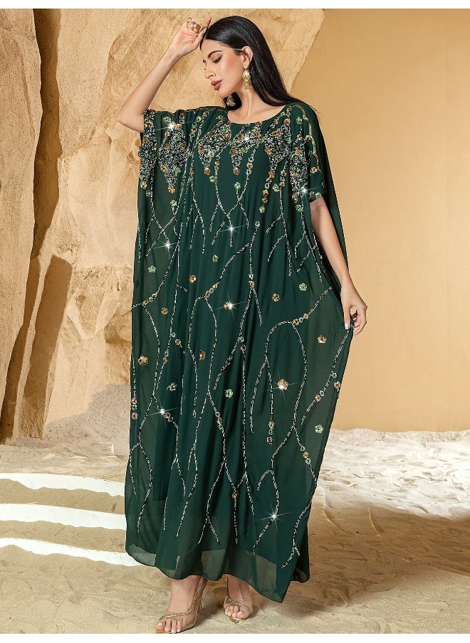 New Handcrafted Beaded Floral Cape with Three-Dimensional Embroidery for Parties - Long Dress Robe Abaya