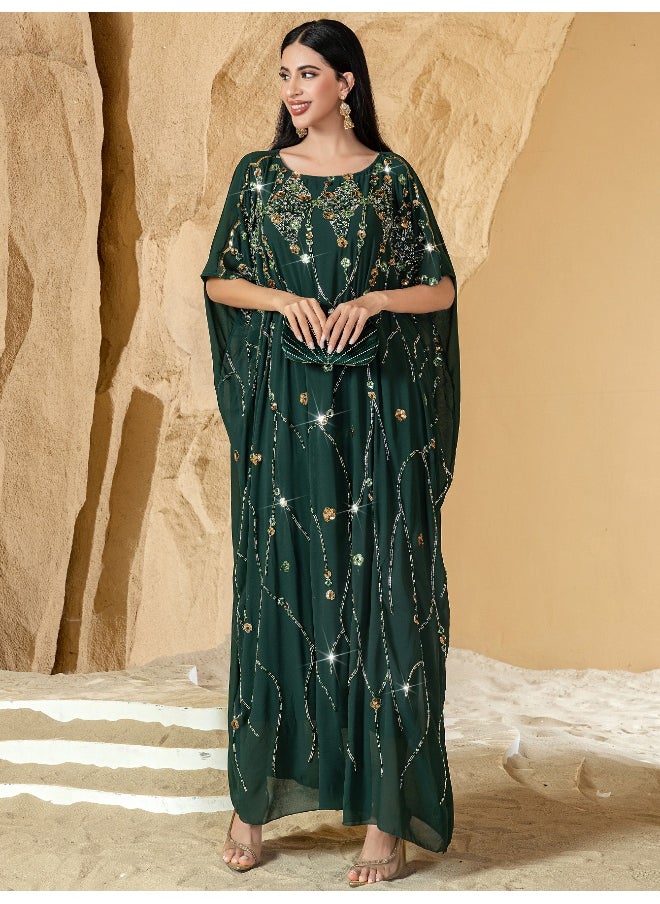 New Handcrafted Beaded Floral Cape with Three-Dimensional Embroidery for Parties - Long Dress Robe Abaya
