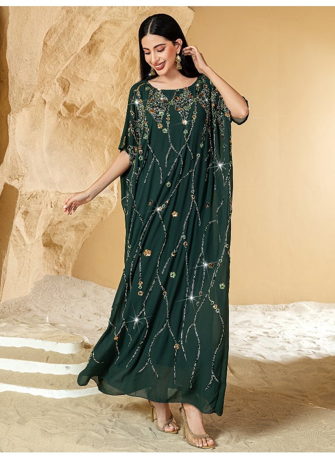 New Handcrafted Beaded Floral Cape with Three-Dimensional Embroidery for Parties - Long Dress Robe Abaya