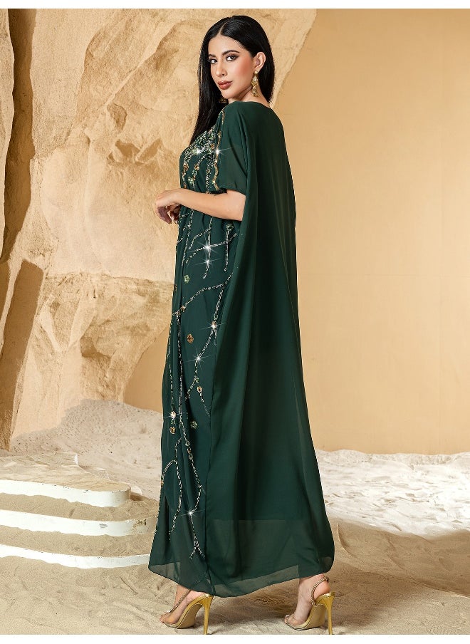 New Handcrafted Beaded Floral Cape with Three-Dimensional Embroidery for Parties - Long Dress Robe Abaya