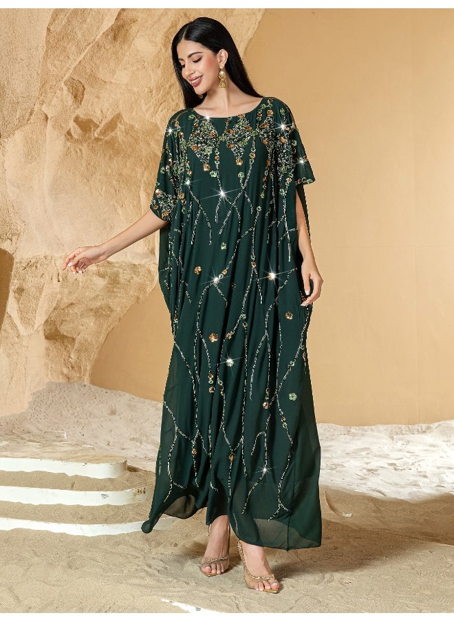 New Handcrafted Beaded Floral Cape with Three-Dimensional Embroidery for Parties - Long Dress Robe Abaya