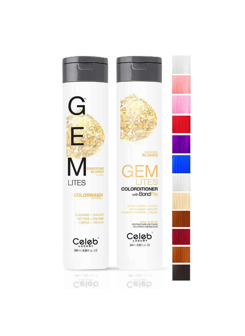 Celeb Luxury Gem Lites Duo Color Depositing Colorwash Shampoo and Conditioner Set plus Bondfix Bond Rebuilder, Semi Permanent Hair Color, Vegan Hair Dye, Sunstone Blonde