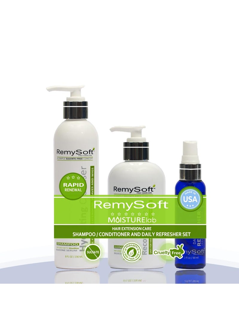 RemySoft Moisturelab Rapid Renewal System - Safe for Hair Extensions, Weaves and Wigs - Salon Formula Shampoo, Conditioner & Leave-In Conditioner - Gentle Sulfate-free Lather