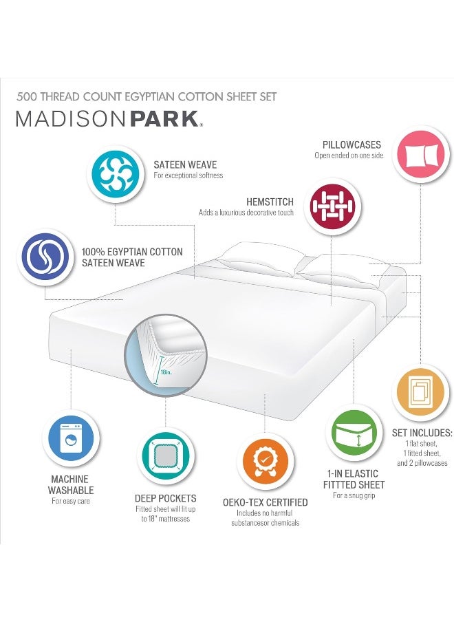 Madison Park Egyptian Cotton Sheet Soft & Breathable 500TC Cotton Sheets, Elastic Deep Pocket Sheet Set Fits Up to 18