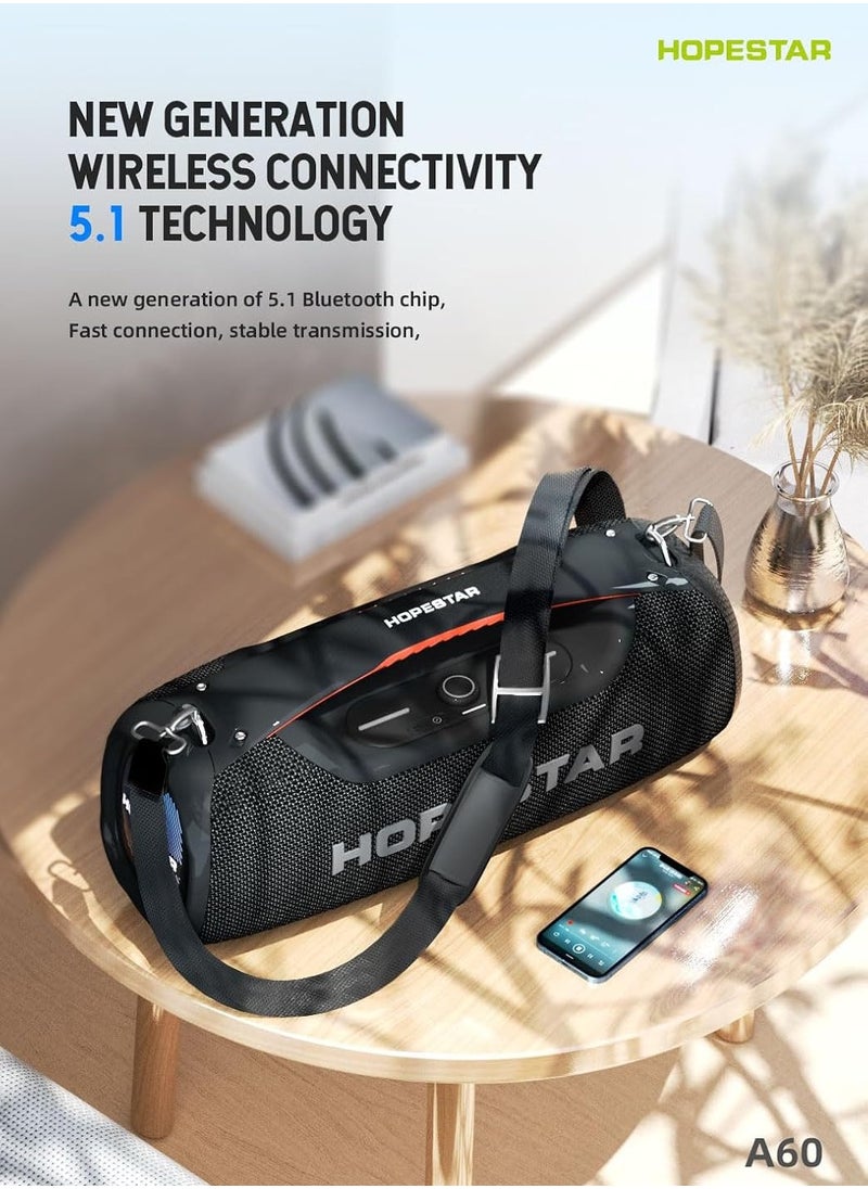 A60 100W Portable Bluetooth Party Speaker with 15000mAh Battery, IPX6 Waterproof, TWS Function, 8-Hour Playtime, Deep Bass, Colorful Lights, Wireless Mic, and Shoulder Strap for Outdoor & Indoor Use