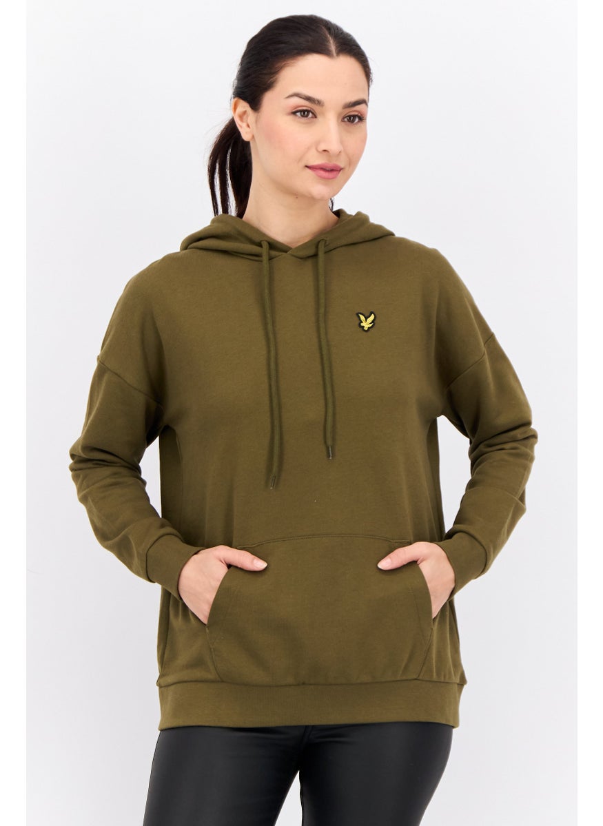 Women Embroidered Long Sleeves Hooded Sweatshirt, Olive
