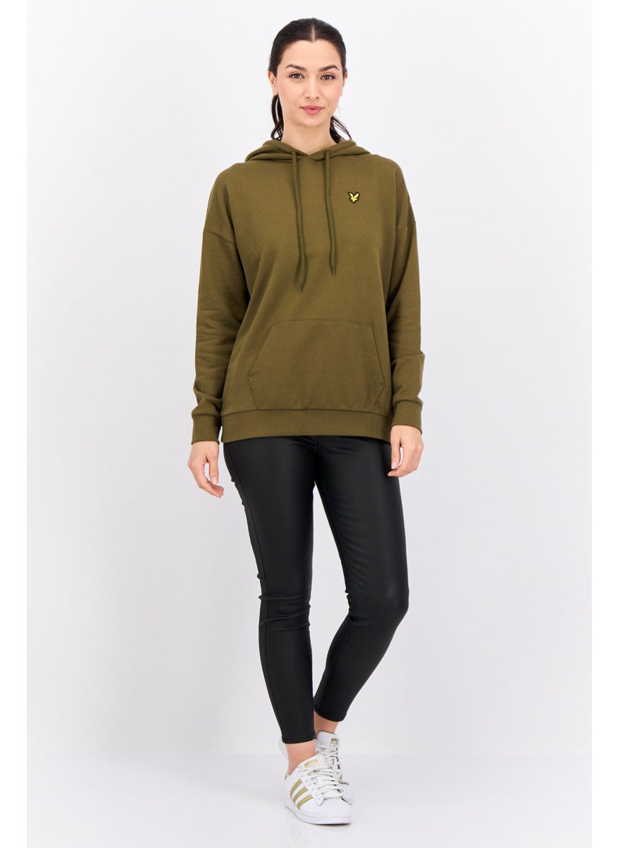Women Embroidered Long Sleeves Hooded Sweatshirt, Olive