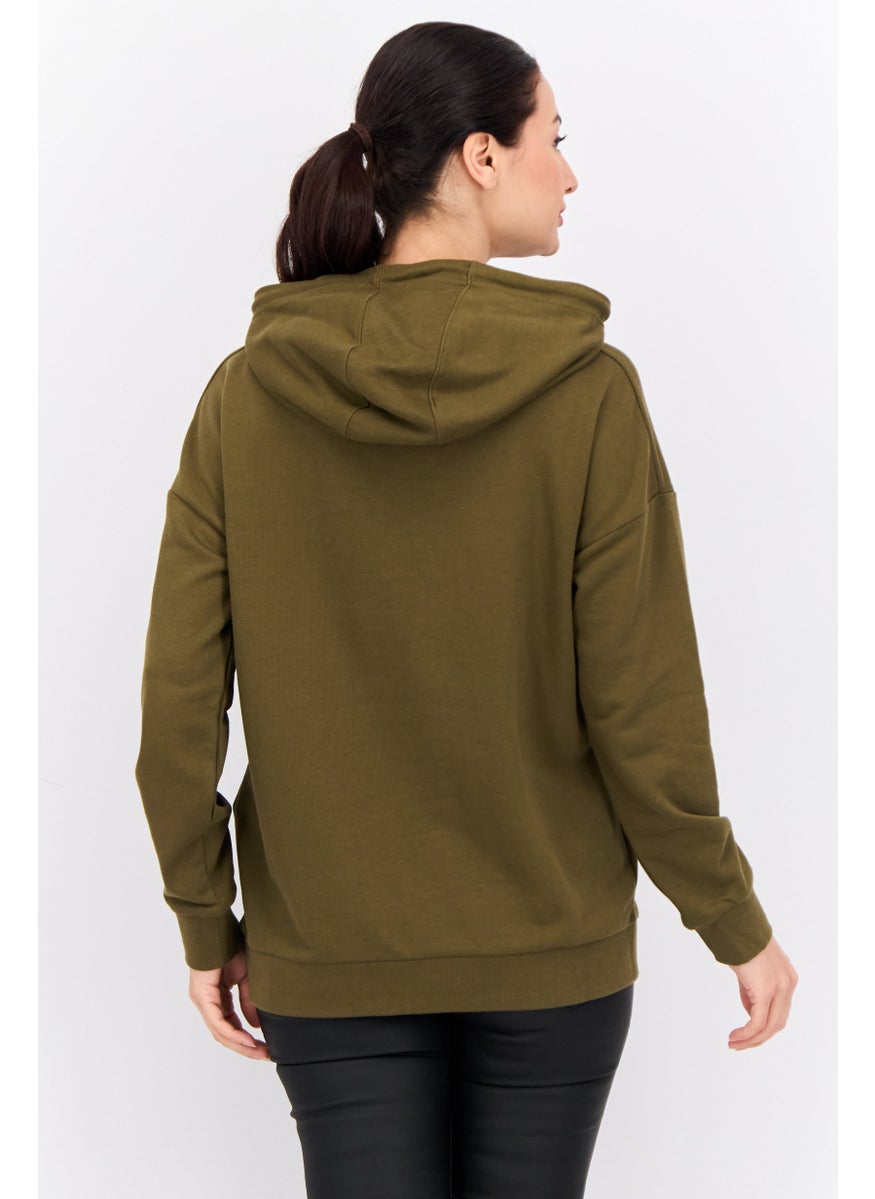 Women Embroidered Long Sleeves Hooded Sweatshirt, Olive
