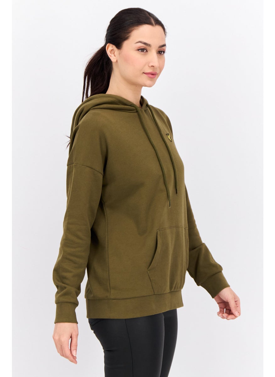 Women Embroidered Long Sleeves Hooded Sweatshirt, Olive