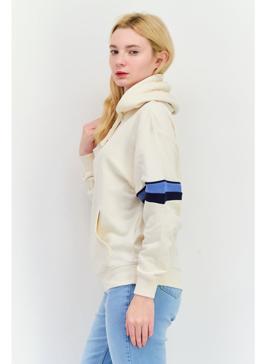 Women Hooded Embroidered Logo Sweatshirts, Cream Combo
