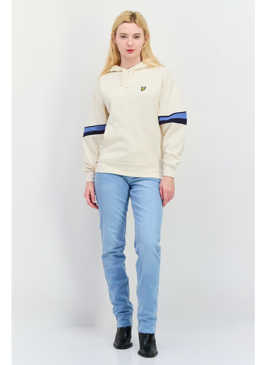 Women Hooded Embroidered Logo Sweatshirts, Cream Combo