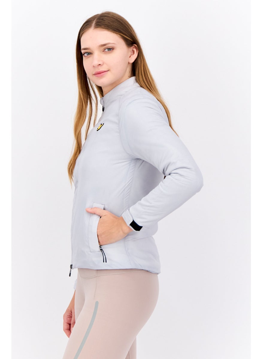 Women Brand Logo Full Zipper Sweatshirt, Grey