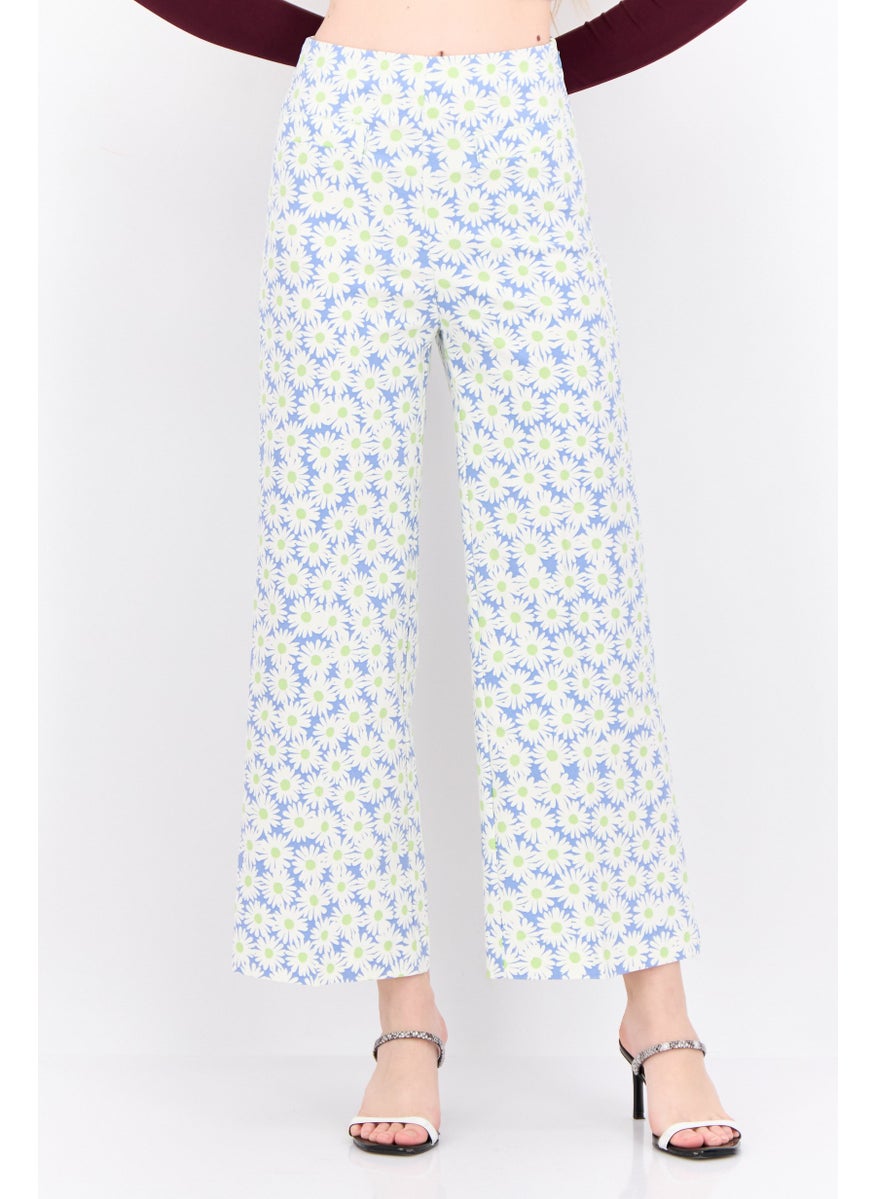 Women Regular Fit Floral Print Wide Leg Pants, White