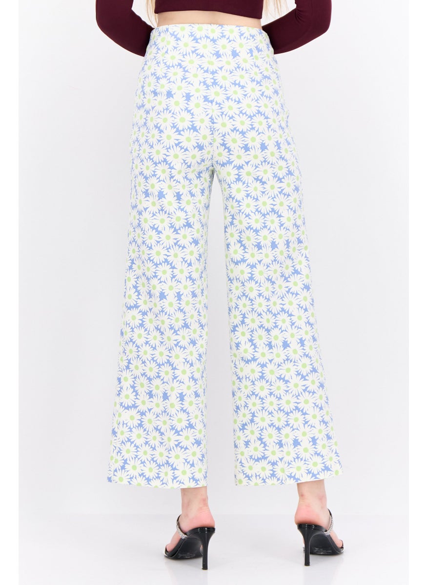 Women Regular Fit Floral Print Wide Leg Pants, White