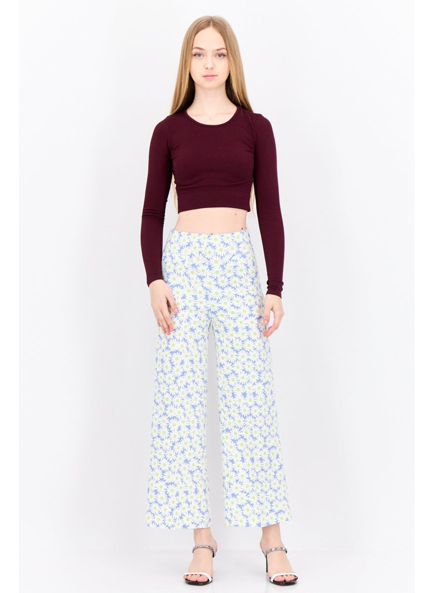 Women Regular Fit Floral Print Wide Leg Pants, White