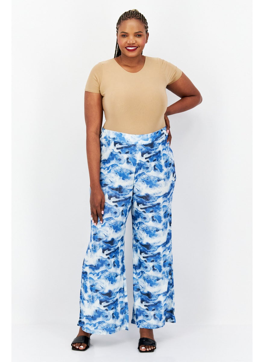 Women Regular Fit Abstract Wide Leg Pants, Blue