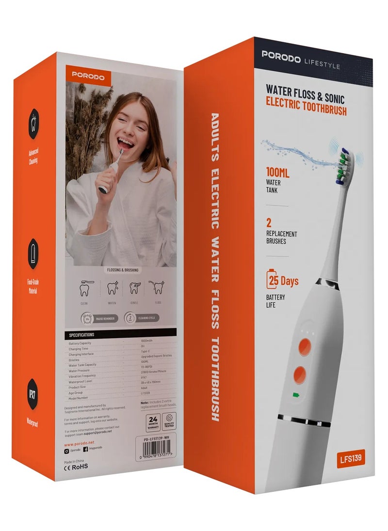 Lifestyle Water Floss & Sonic Electric Toothbrush 100mL with ×2 Replacement Brushes & 25 Days Battery Life / Food-Grade Material / Advanced Cleaning / Upgraded Dupont Bristles - White
