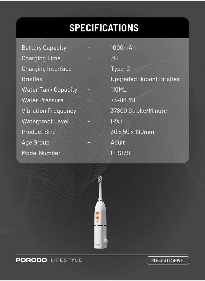 Lifestyle Water Floss & Sonic Electric Toothbrush 100mL with ×2 Replacement Brushes & 25 Days Battery Life / Food-Grade Material / Advanced Cleaning / Upgraded Dupont Bristles - White