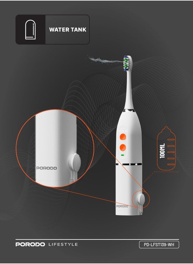 Lifestyle Water Floss & Sonic Electric Toothbrush 100mL with ×2 Replacement Brushes & 25 Days Battery Life / Food-Grade Material / Advanced Cleaning / Upgraded Dupont Bristles - White