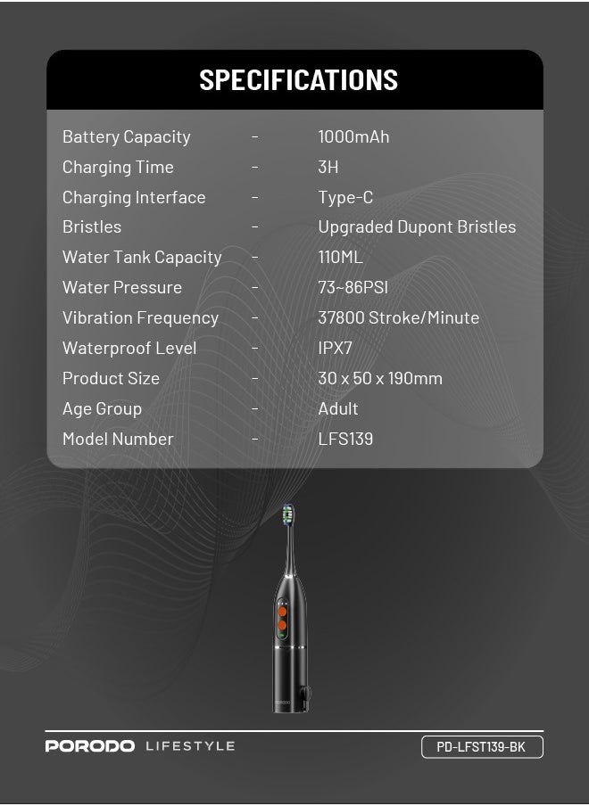 Lifestyle Water Floss & Sonic Electric Toothbrush 100mL with ×2 Replacement Brushes & 25 Days Battery Life / Food-Grade Material / Advanced Cleaning / Upgraded Dupont Bristles - Black