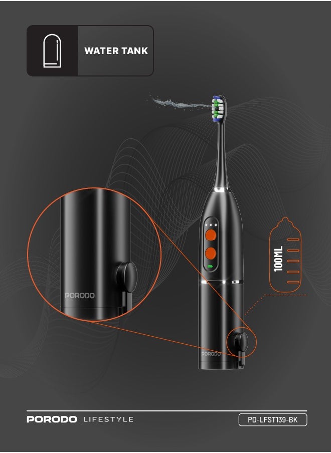 Lifestyle Water Floss & Sonic Electric Toothbrush 100mL with ×2 Replacement Brushes & 25 Days Battery Life / Food-Grade Material / Advanced Cleaning / Upgraded Dupont Bristles - Black