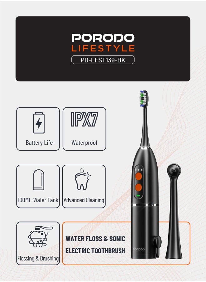 Lifestyle Water Floss & Sonic Electric Toothbrush 100mL with ×2 Replacement Brushes & 25 Days Battery Life / Food-Grade Material / Advanced Cleaning / Upgraded Dupont Bristles - Black