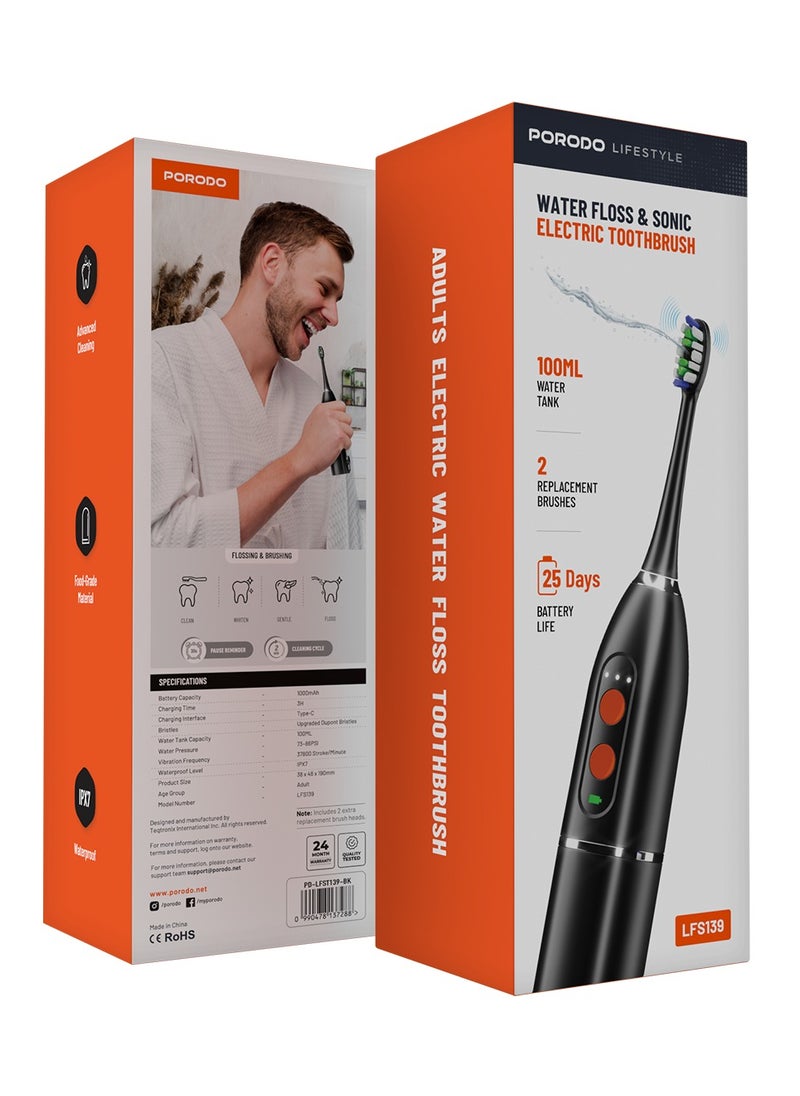 Lifestyle Water Floss & Sonic Electric Toothbrush 100mL with ×2 Replacement Brushes & 25 Days Battery Life / Food-Grade Material / Advanced Cleaning / Upgraded Dupont Bristles - Black